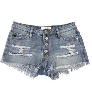 KanCan Distressed Cutoff Jean Shorts Womens 3/25 Button Fly Boho Festival Denim